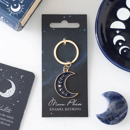Nyckelring med mörkblå halvmåne och månfaser på Moon Phase-kort