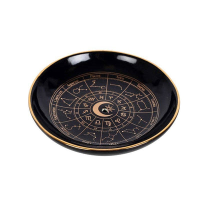 Svart rökelsehållare med guldfärgat astrologihjul