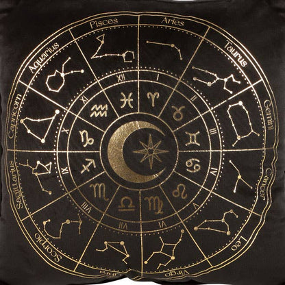 Kudde med astrologihjul, 35cm fyrkantig svart - Fluflu Handgjorda Smycken & Design