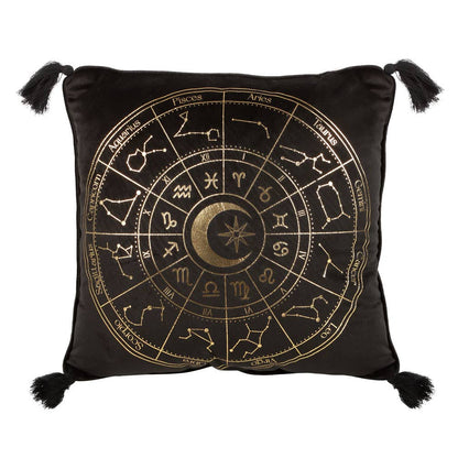 Kudde med astrologihjul, 35cm fyrkantig svart - Fluflu Handgjorda Smycken & Design