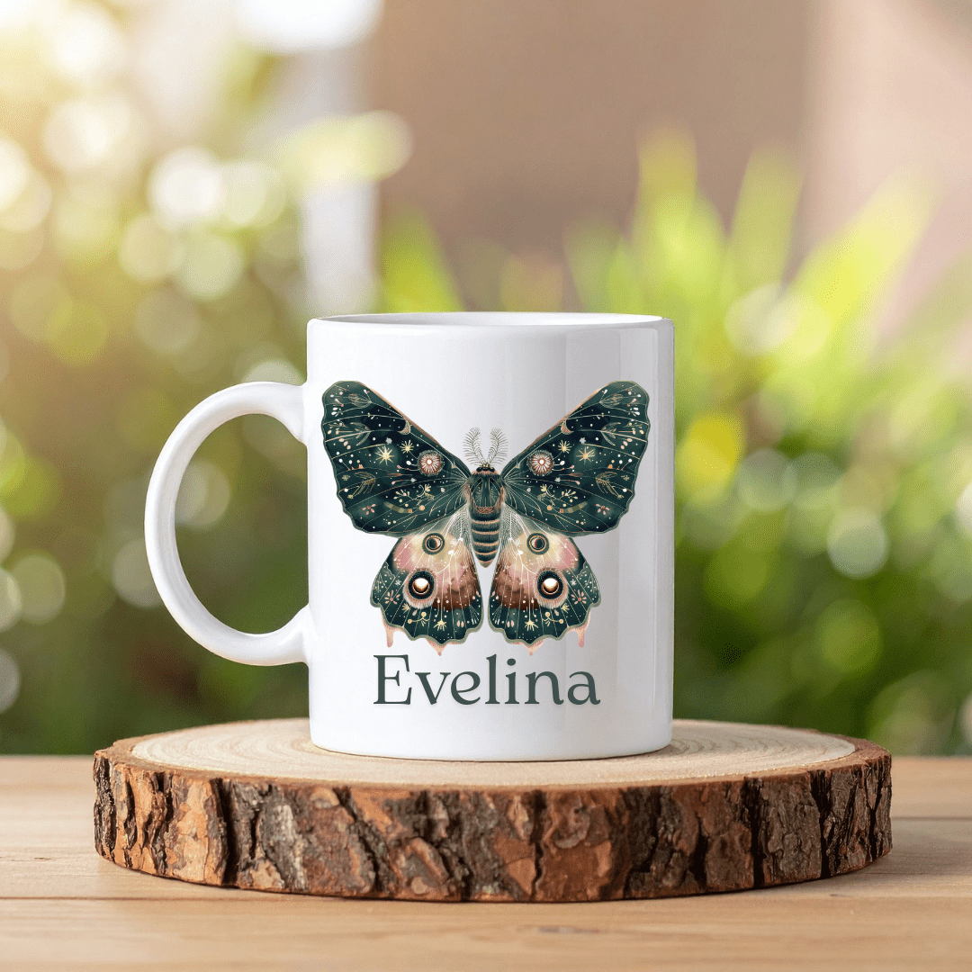 Nattfjäril mugg | Personlig mugg med namn - Fluflu Handgjorda Smycken & Design