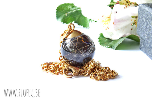 Maskrosfrönpärla med svart bakgrund - Fluflu Handgjorda Smycken & Design